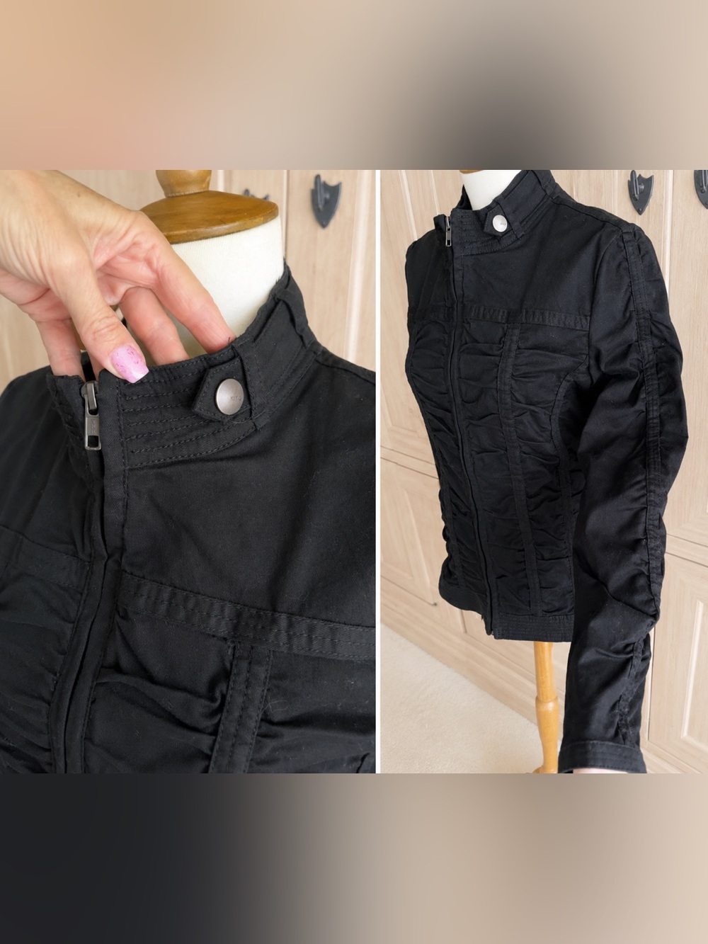 MNG By Mango Black Women’s Ruched Zip-Front Jacket Size Small NWOT - Picture 6 of 11